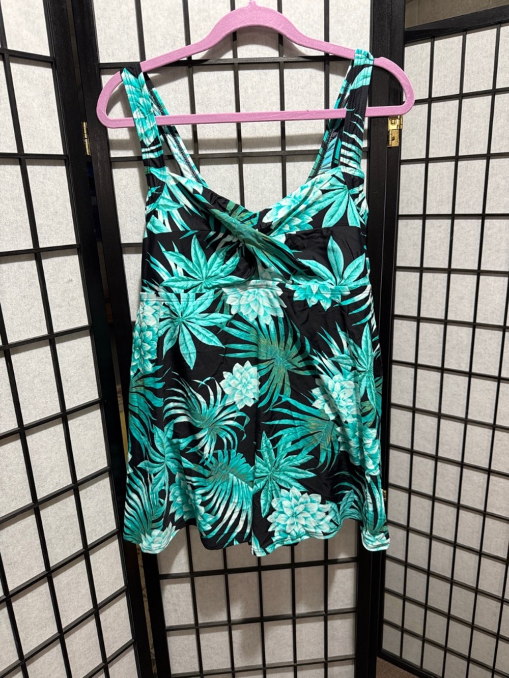 Gabar Women’s Tropical Print Black & Teal One-Piece Swimdress Size 16W